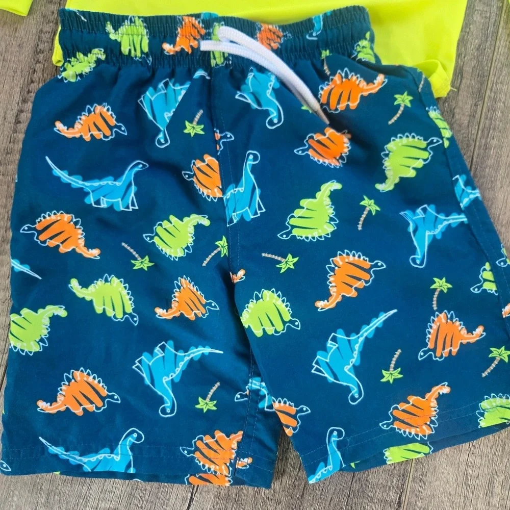 Floatimini‎ Kids Dinosaur Rash Guard and Swim Trunks Set Neon Yellow Navy Size 5